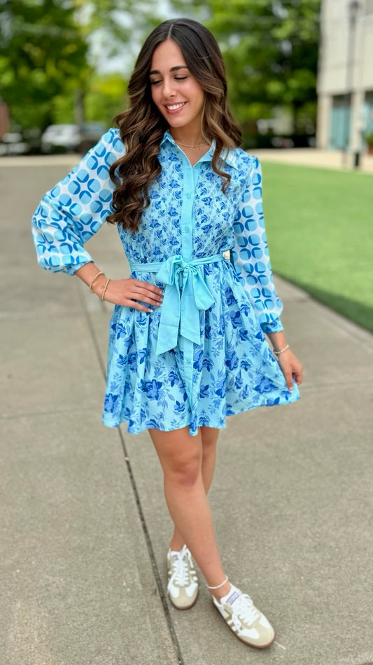 Bailey Abstract Floral Button Up Dress - Aqua