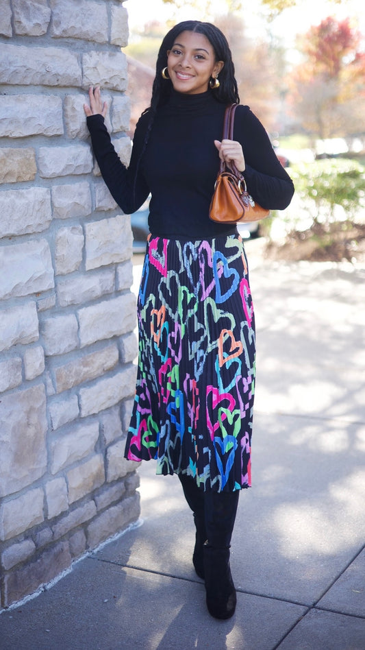 Ava Hearts Pleated Skirt - Black Mix