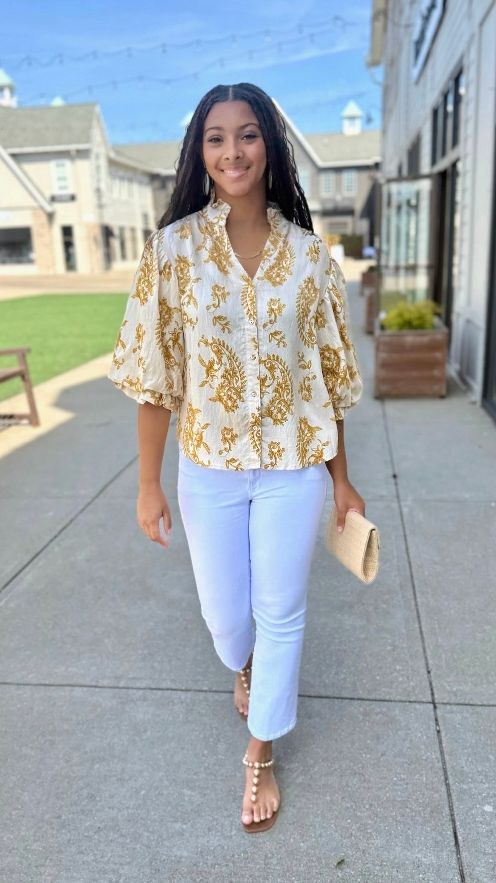 Daniella Button Up Blouse - Ivory & Mustard