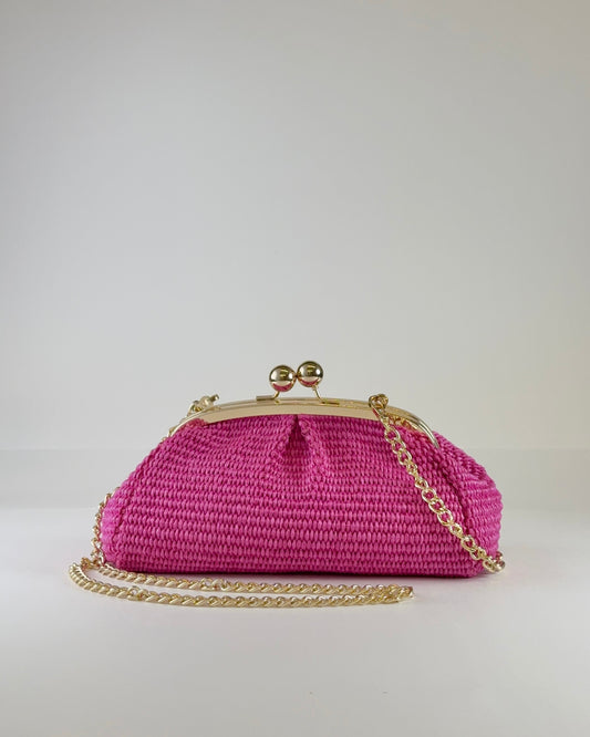 Italian Leather & Raffia Clutch - Hot Pink