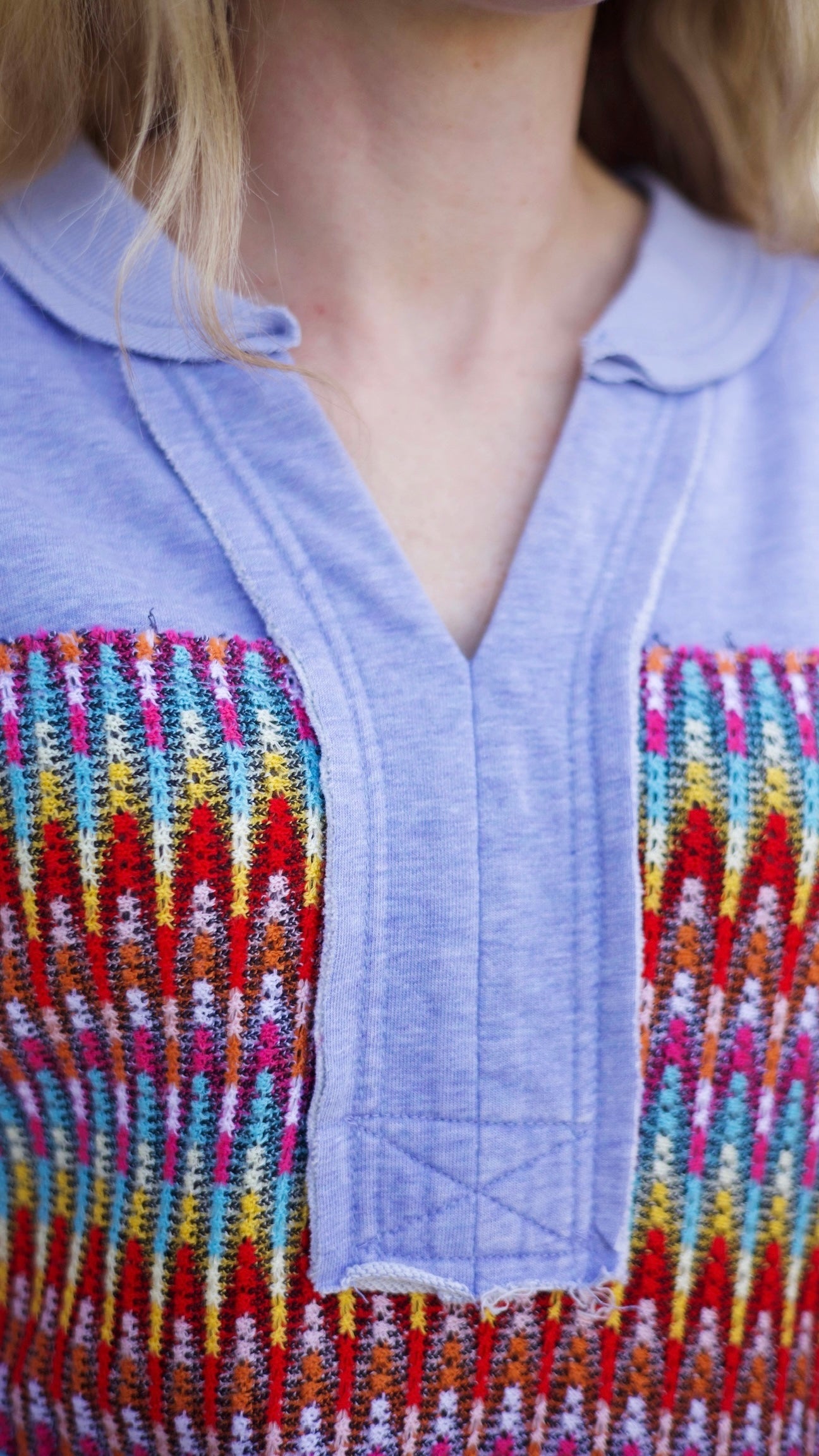 Crochet Mix Collared Sweater - Washed Blue