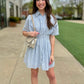 Audrey Pleated Mini Shirt Dress - Blue Stripe
