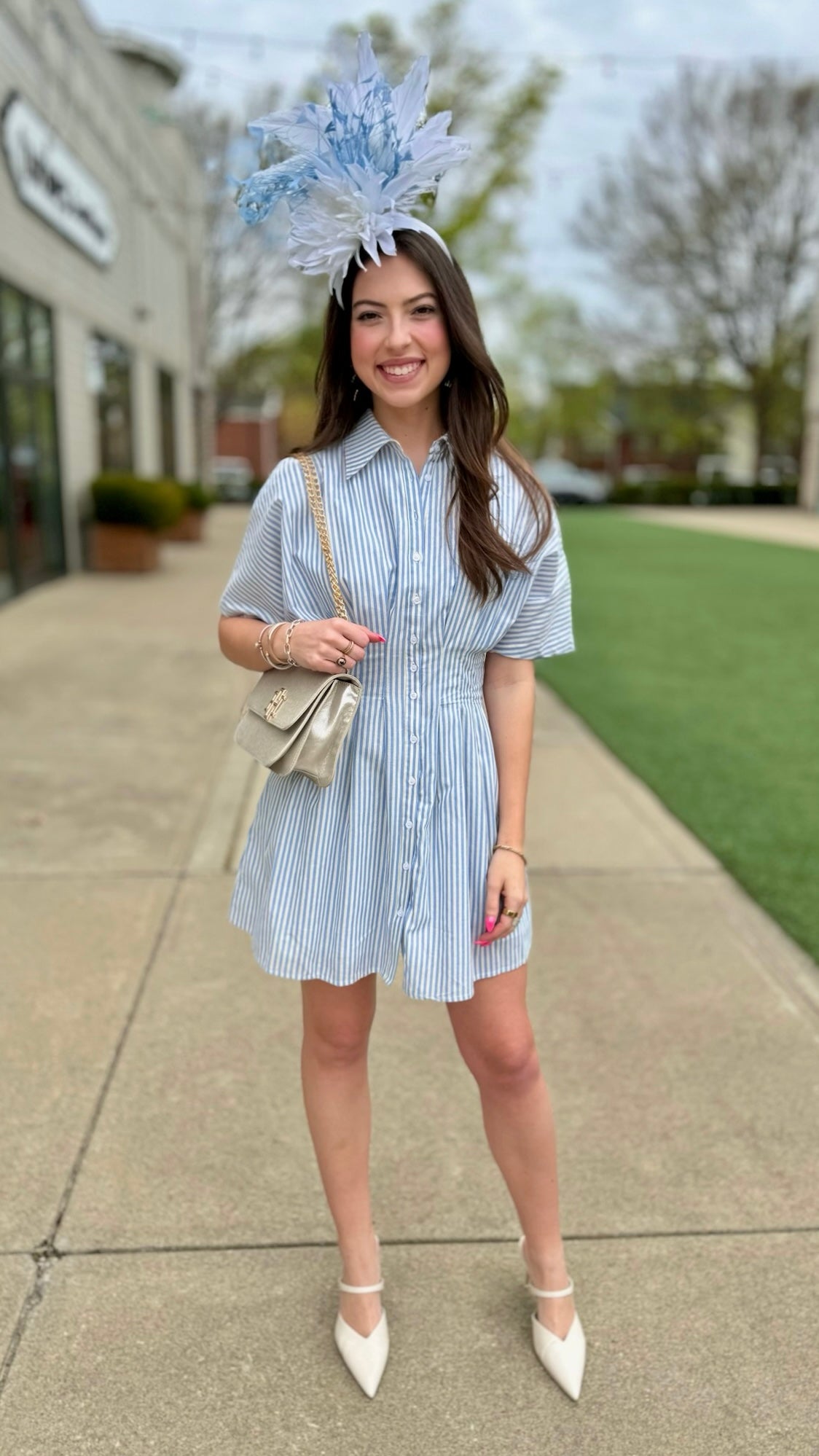 Audrey Pleated Mini Shirt Dress - Blue Stripe