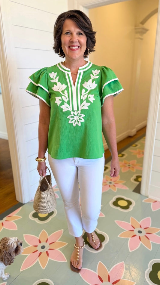 Addison Flutter Sleeve Top - Green