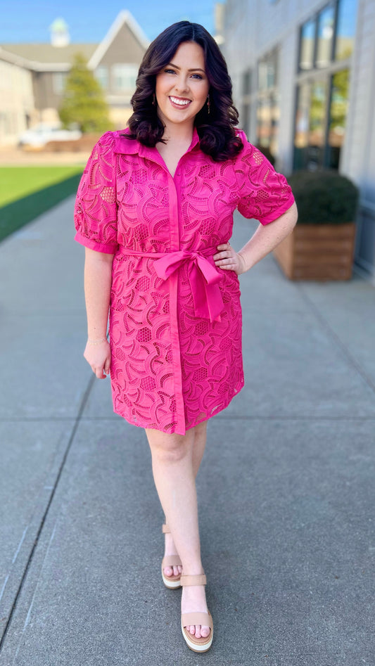Jade Pink Placket Lace Shirt Dress