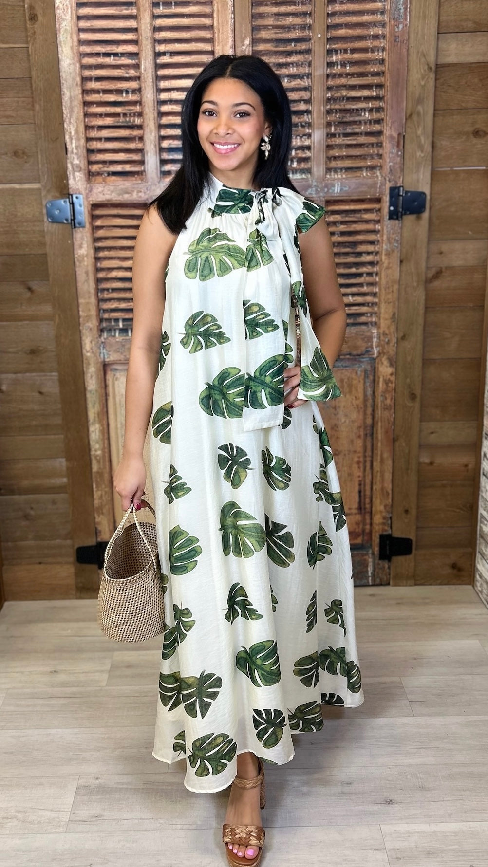 Fallon Palm Halter Dress - Cream