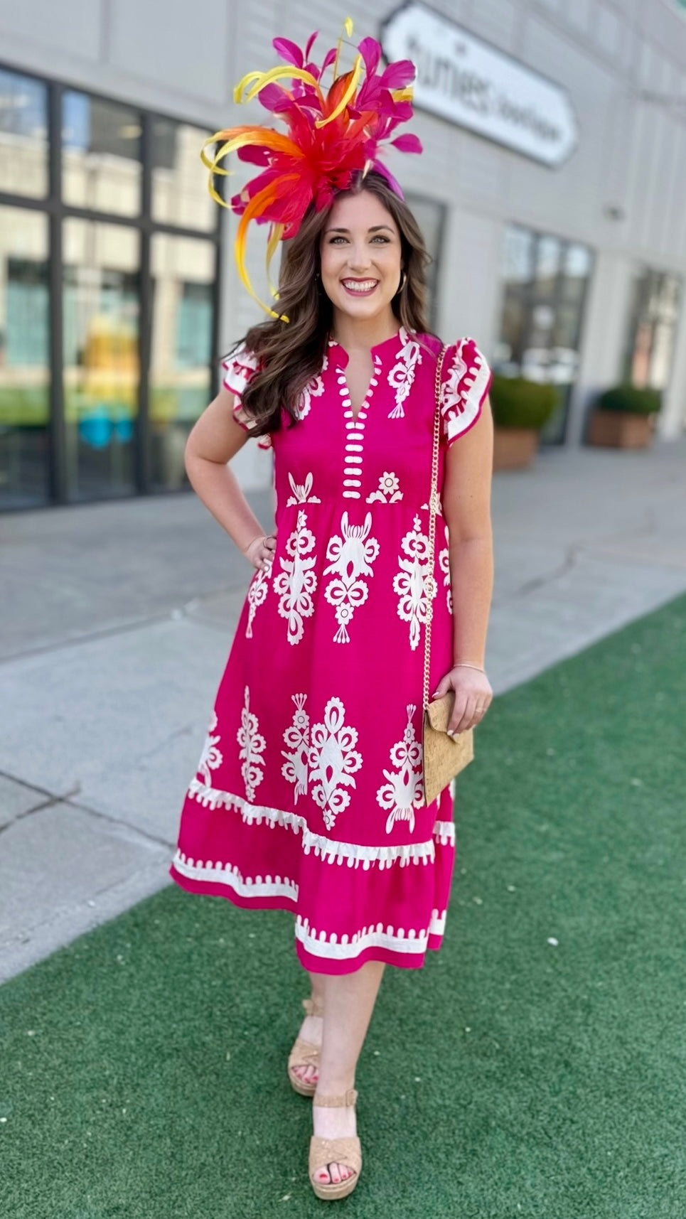 Ruffle Sleeve Midi Dress - Fuchsia