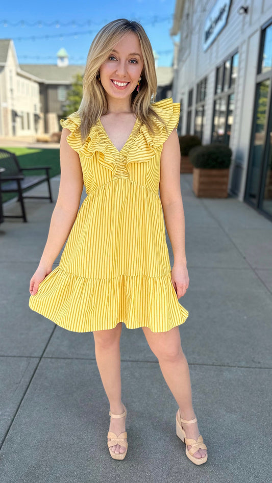 Joy Joy Sweet Seersucker Ruffle Neck Dress - Yellow