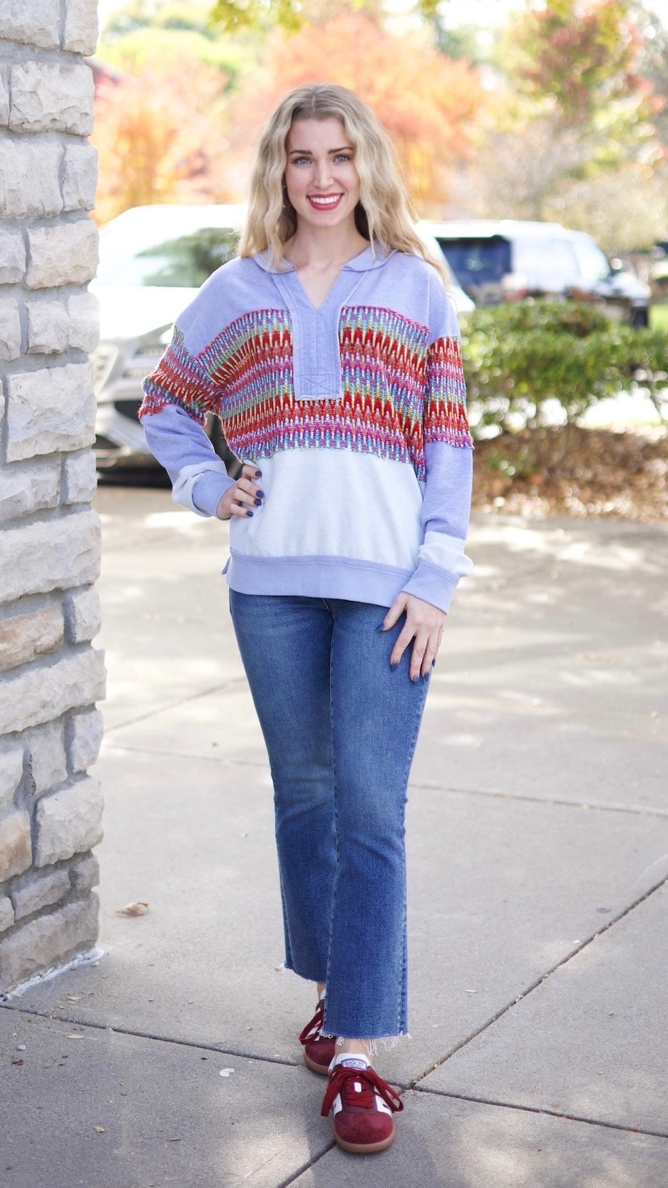 Crochet Mix Collared Sweater - Washed Blue