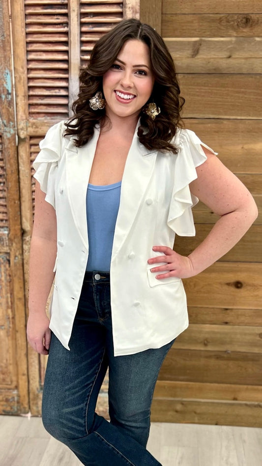 White Ruffle Short Sleeve Blazer