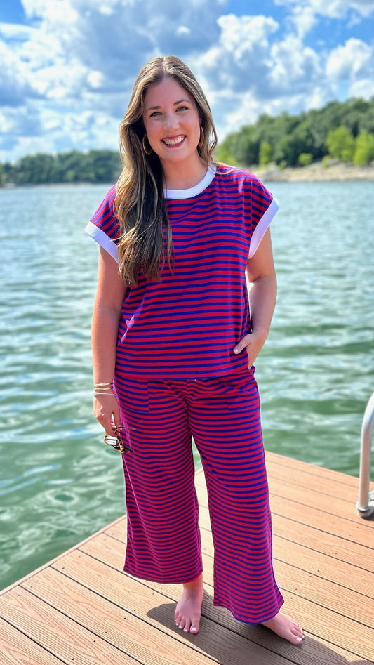 Georgianna Striped Drawstring Pants - Red & Blue With White Trim Detail