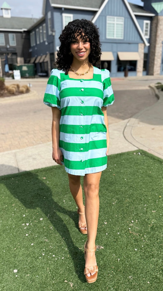 Tatum Stripe Dress - Green & Sky Blue