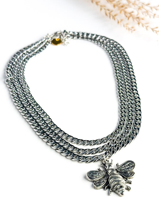 Layered Cuban Link Silver Bee Necklace