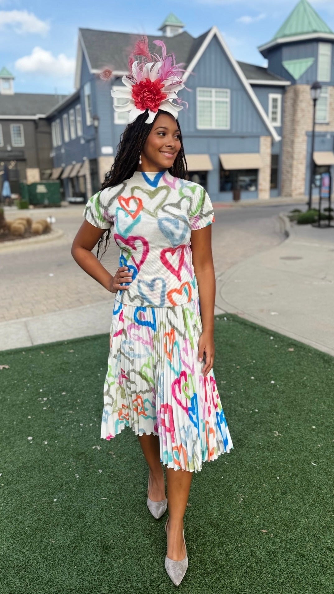 Ava Hearts Pleated Skirt - White Mix