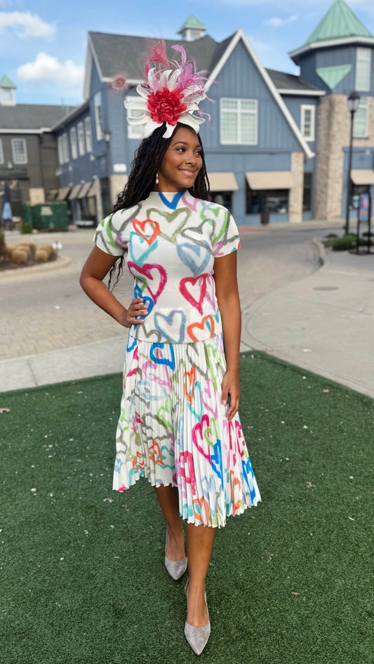 Ava Hearts Pleated Skirt - White Mix