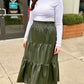 Olive Faux Leather Tiered Midi Skirt