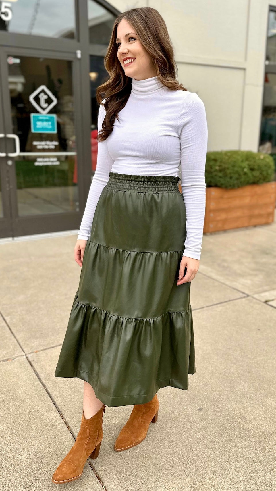 Olive Faux Leather Tiered Midi Skirt