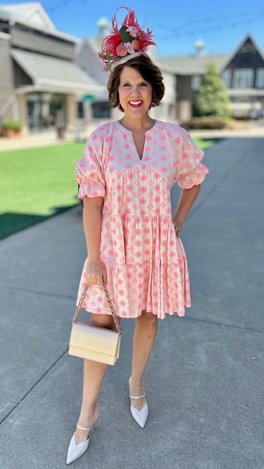 Ivy Jane Eyelet Dress-Ivory/Neon Pink