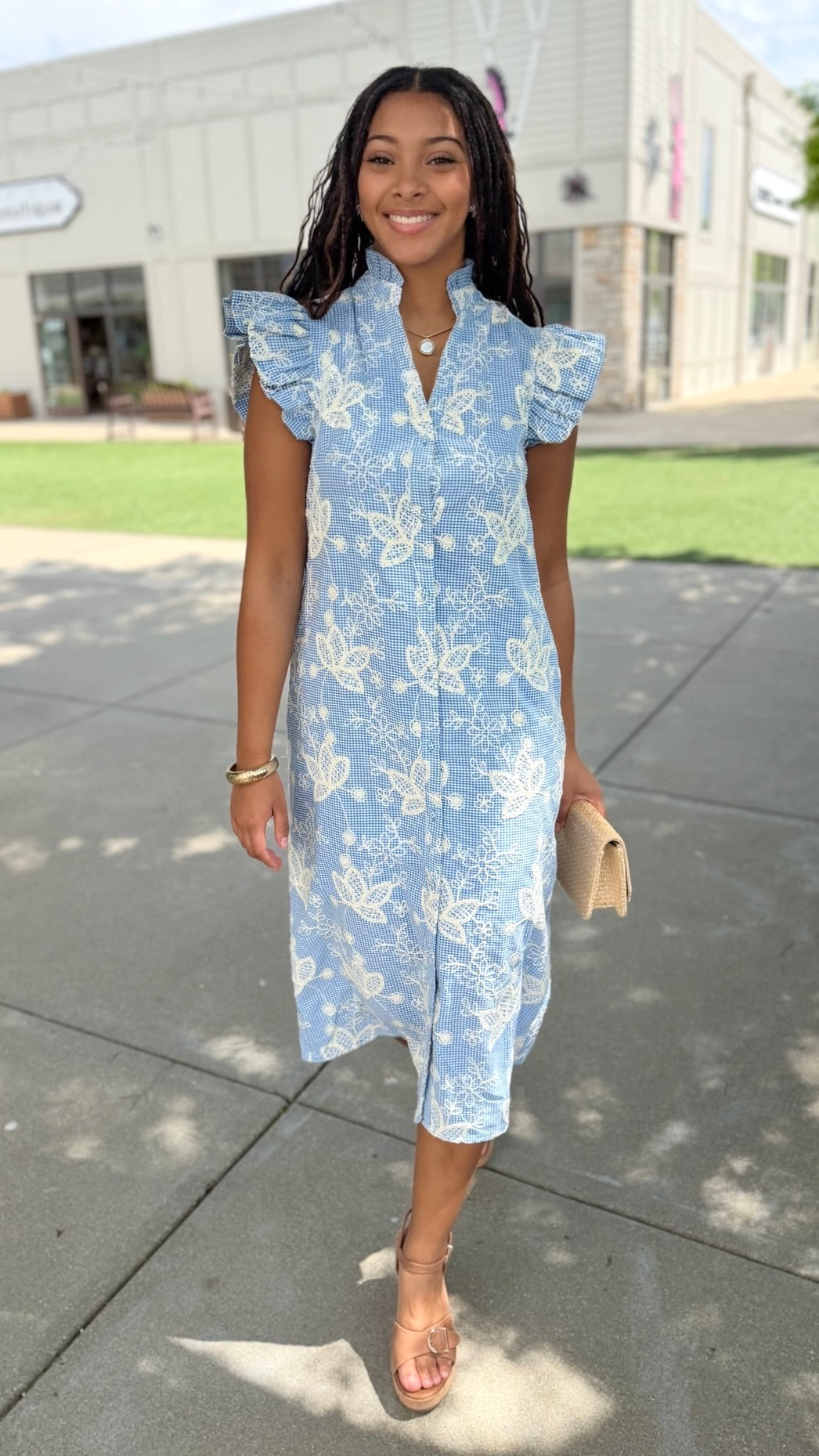 Kenzie Floral Embroidered Dress - Blue