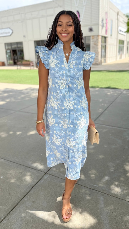 Kenzie Floral Embroidered Dress - Blue