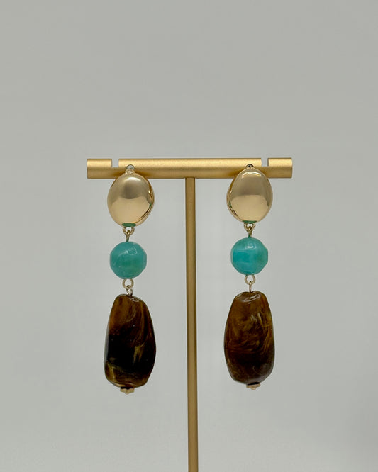 Gold Brown Turquoise Drop Earrings