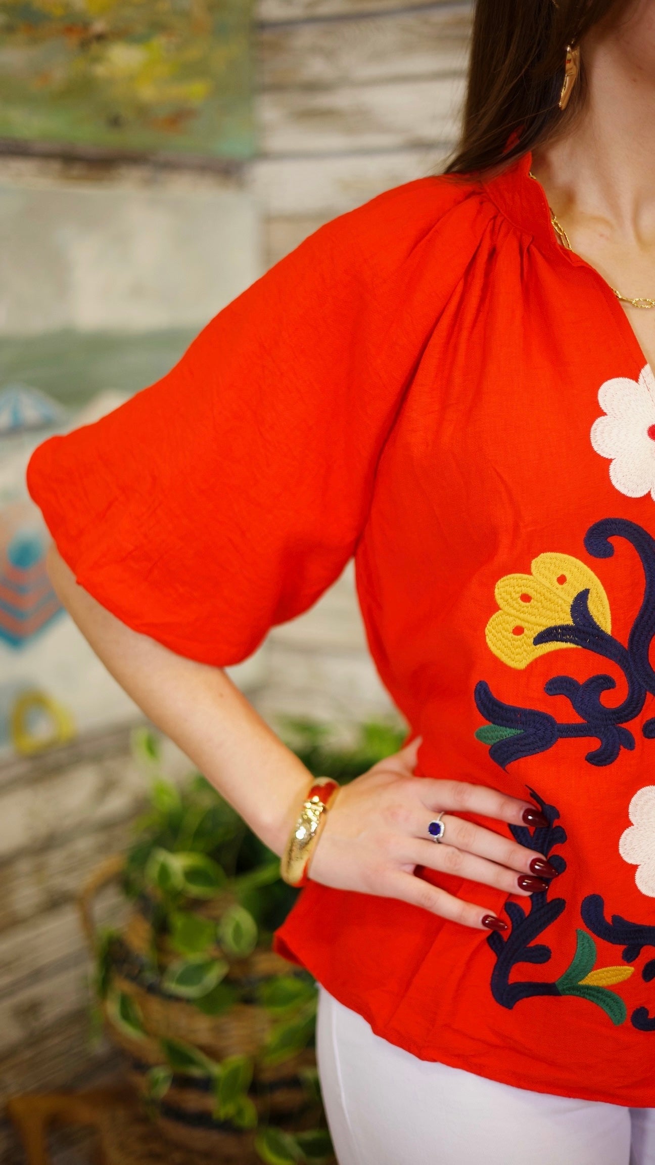 Lisa Floral Embroidered Top - Red