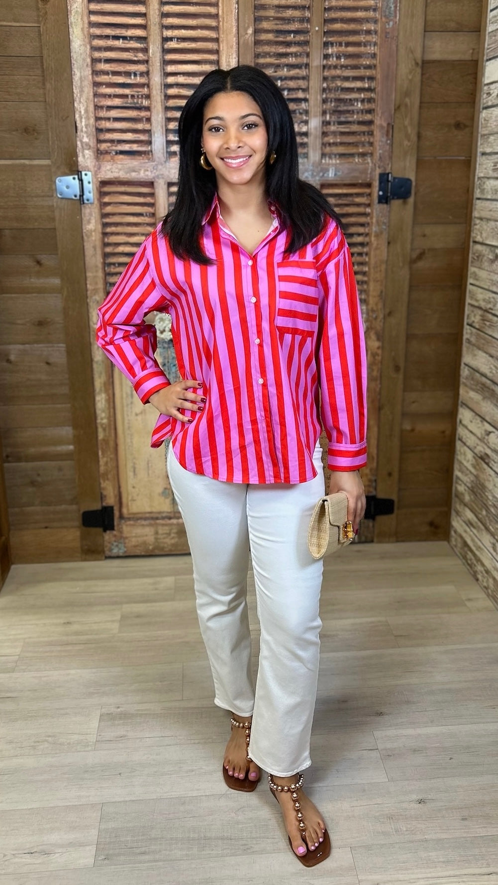 Louise Button Up Top - Red/Pink