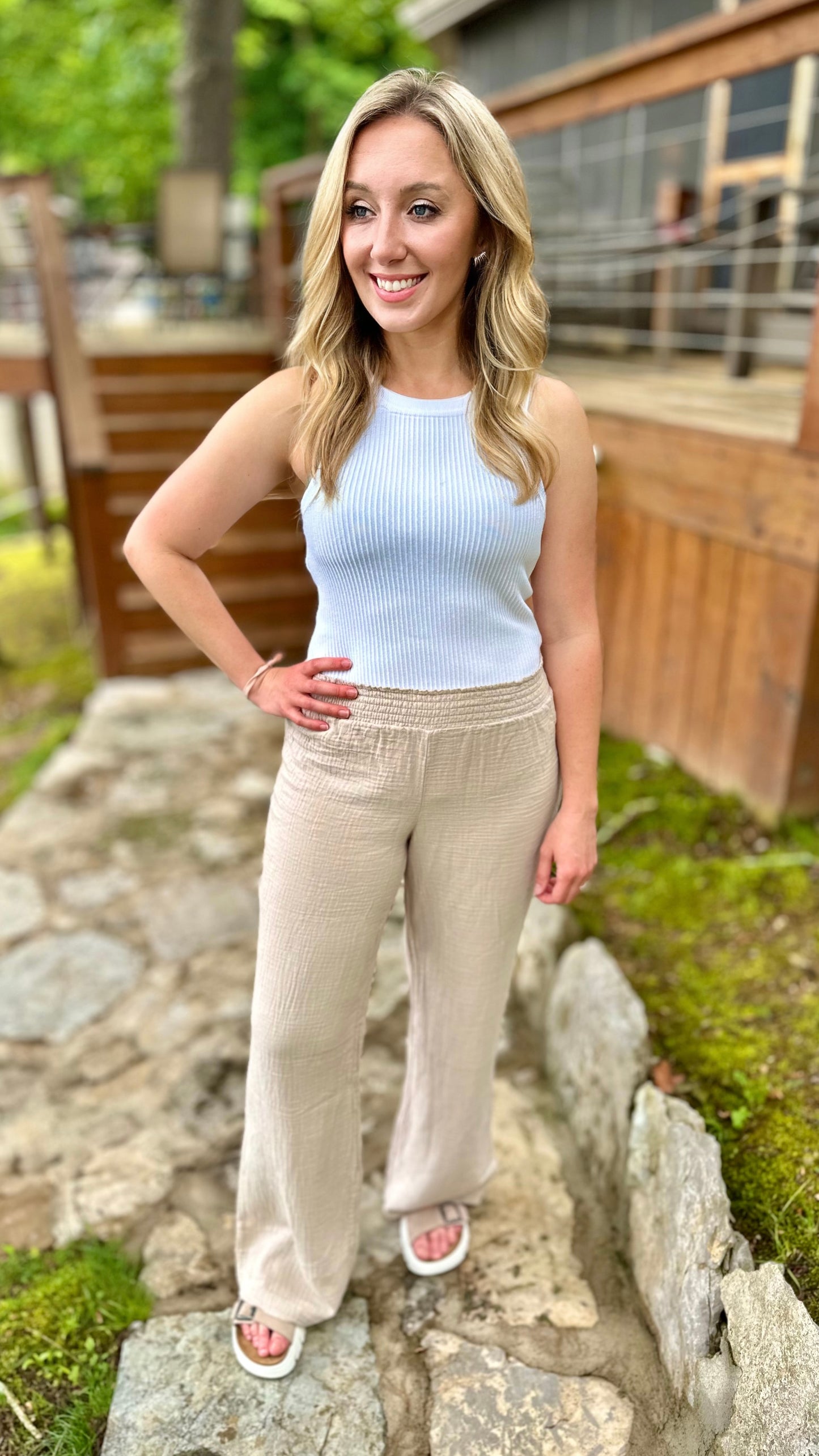 Bobi Smocked Waist Wide Leg Pant - Light Tan
