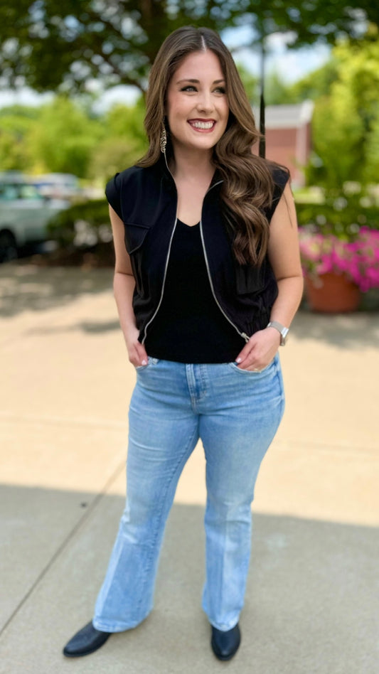 Black Mock Neck Zipper Vest