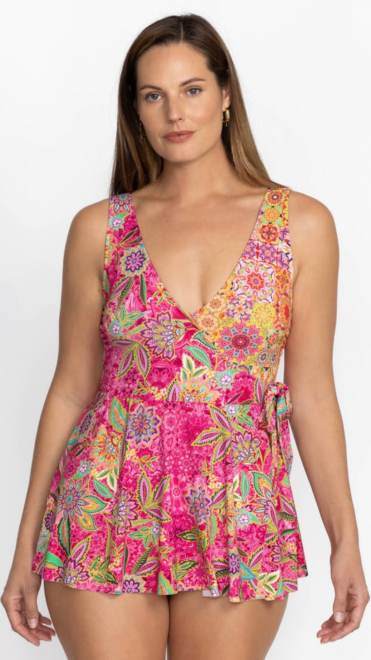 Johnny Was Flamingo And Kaleida Wrap Skirted One Piece