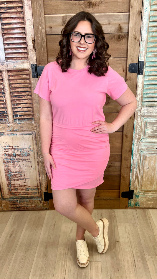 Bobi Ruched Wrap T-Shirt Dress - Pink