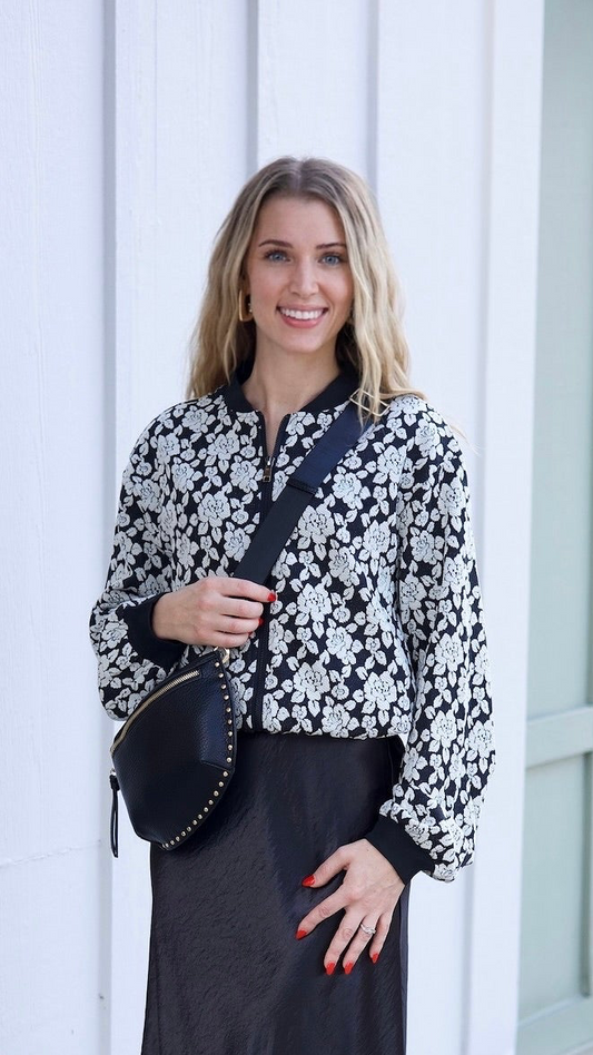 Embossed Rose Print Bomber Jacket