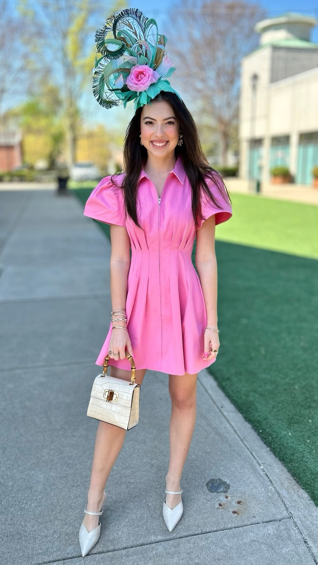 Aubrey Denim Pleat Waist Zip Mini Shirt Dress - Pink