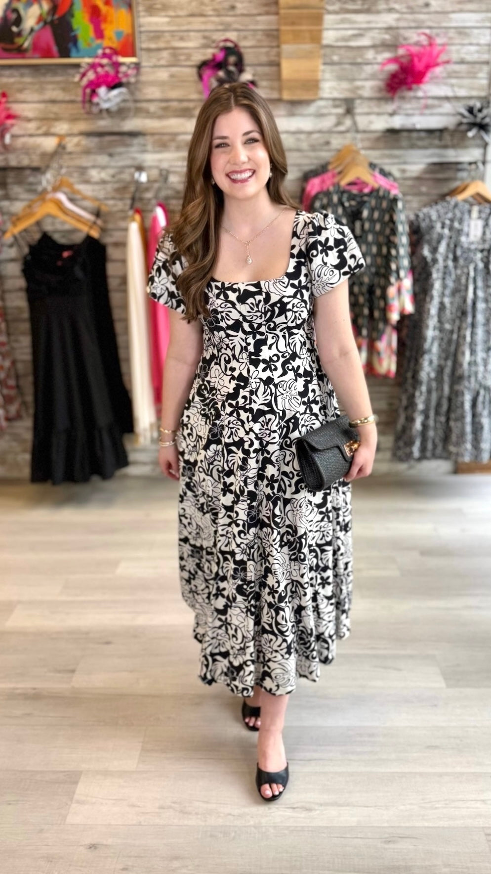 Theresa  Print Midi Dress - Black/White