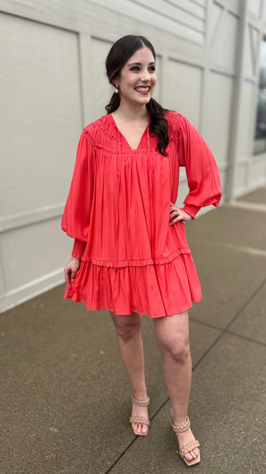 Lillian Lined Tie Neck Dress - Coral