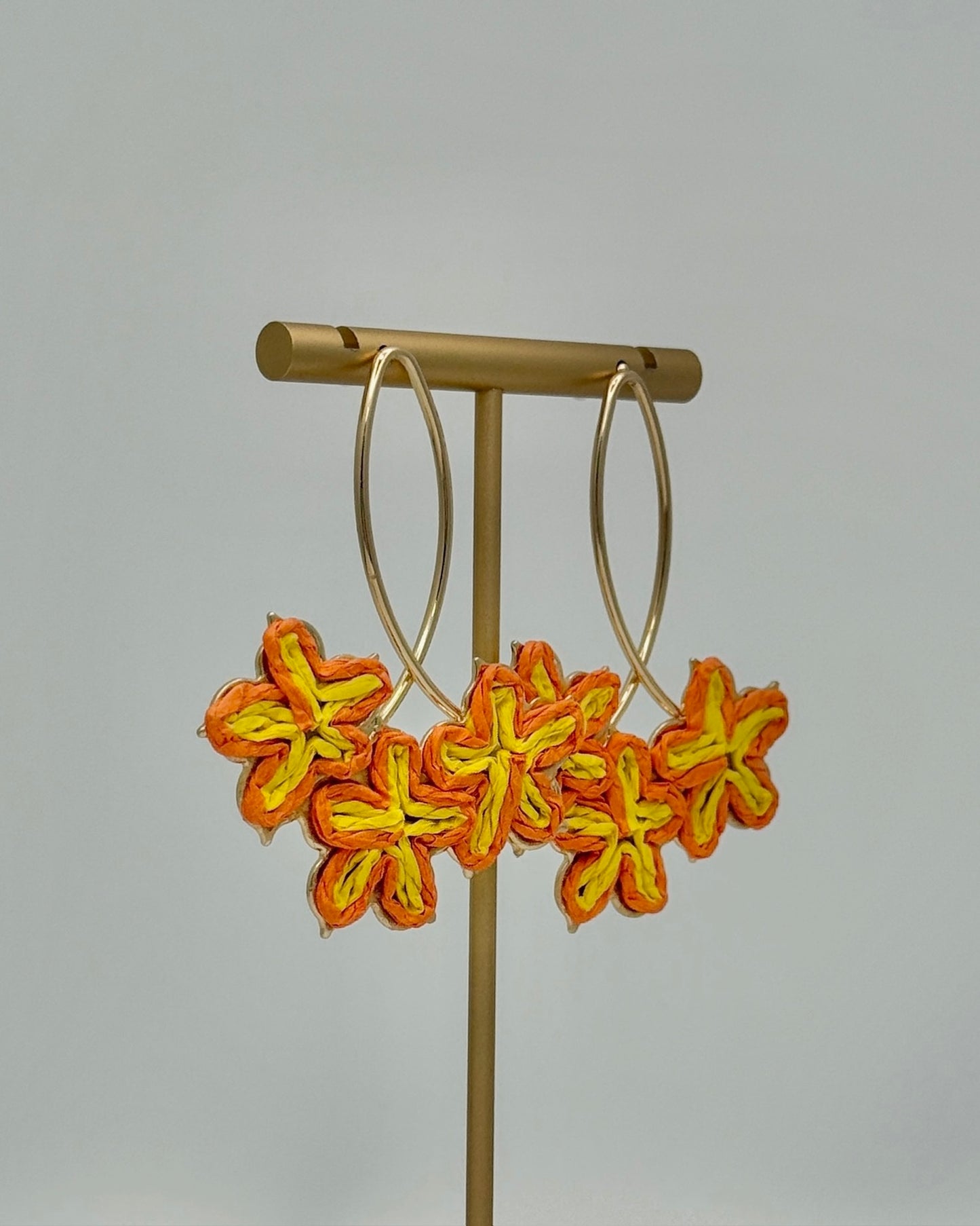 Oval and Flower Raffia Earrings - Orange