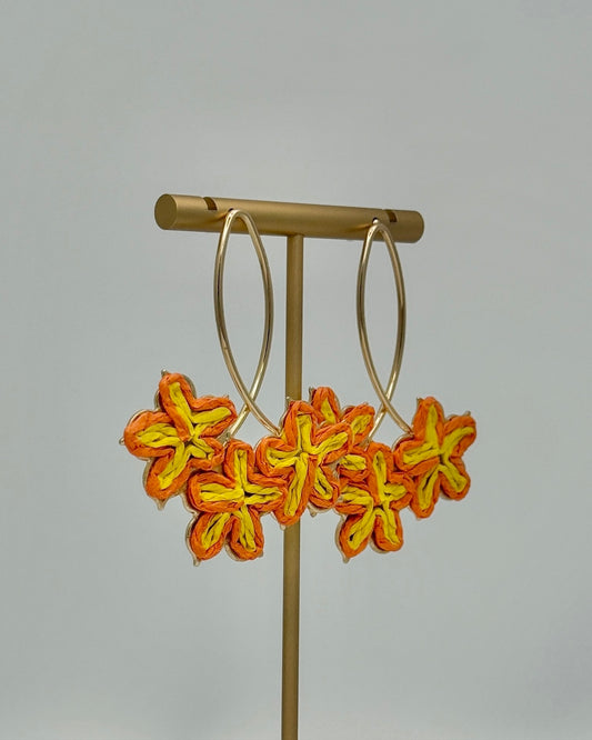Oval and Flower Raffia Earrings - Orange