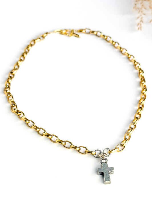 Handmade Pewter Cross Gold Chain Necklace