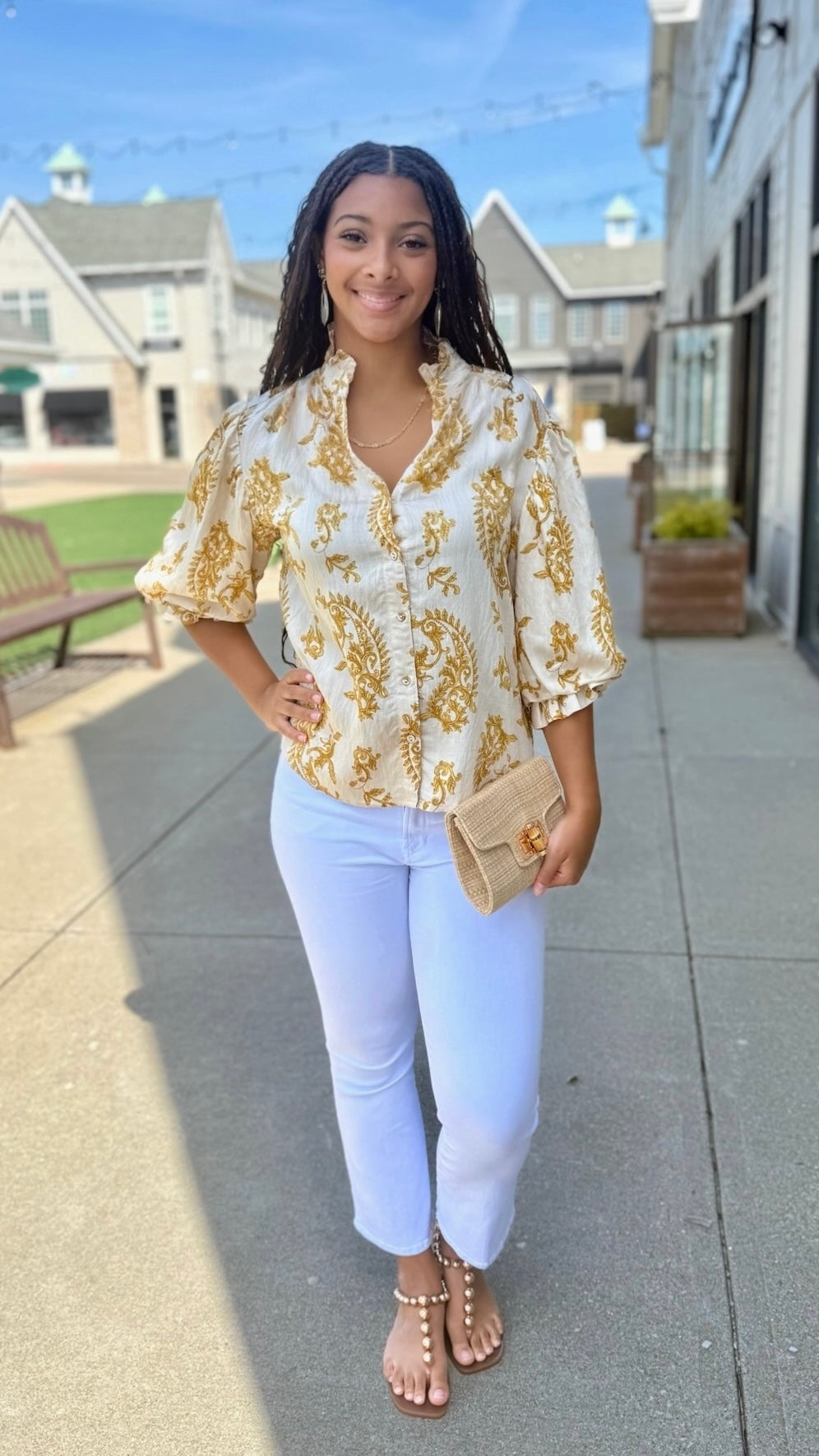 Daniella Button Up Blouse - Ivory & Mustard