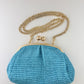 Italian Leather & Raffia Clutch - Turquoise