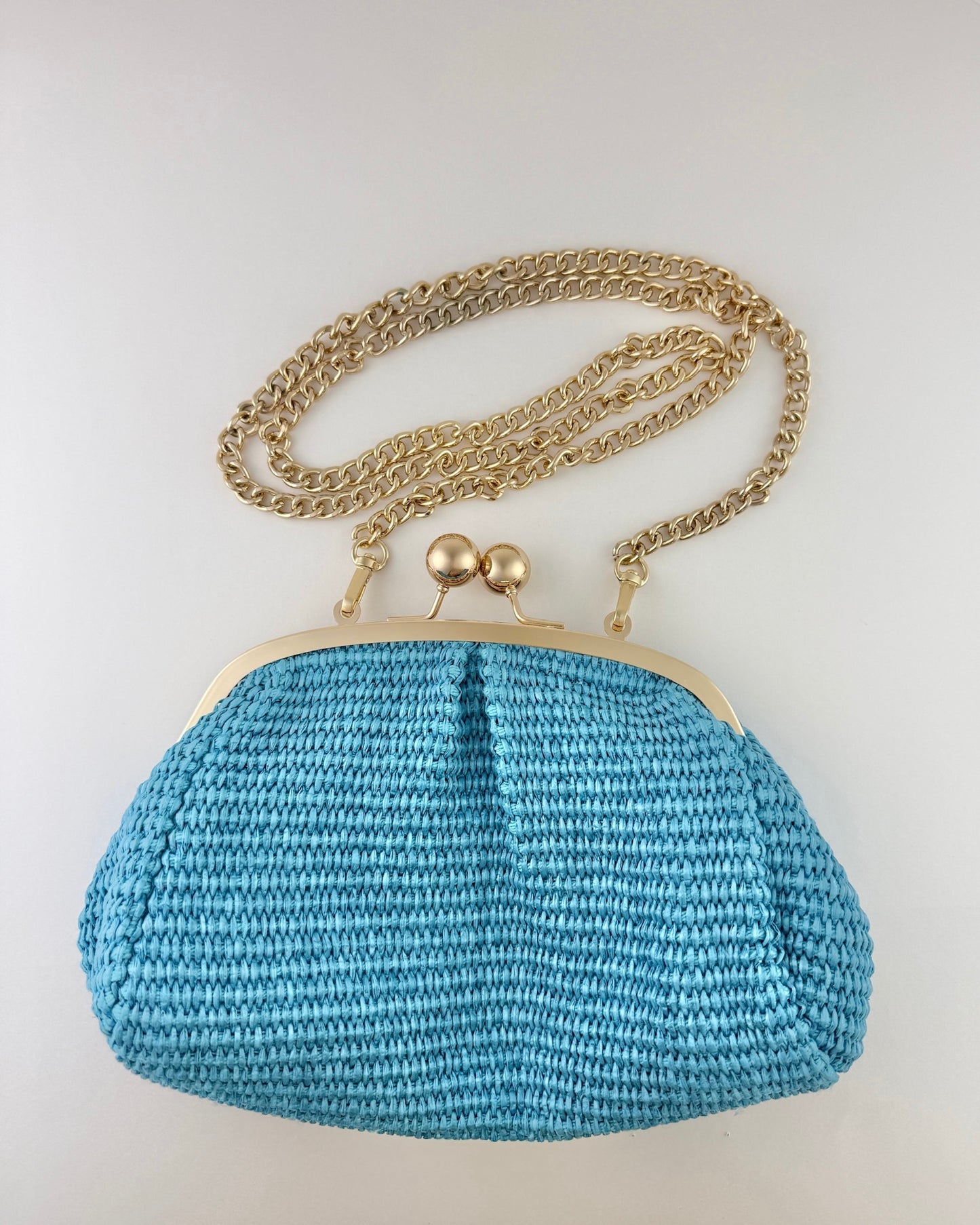 Italian Leather & Raffia Clutch - Turquoise