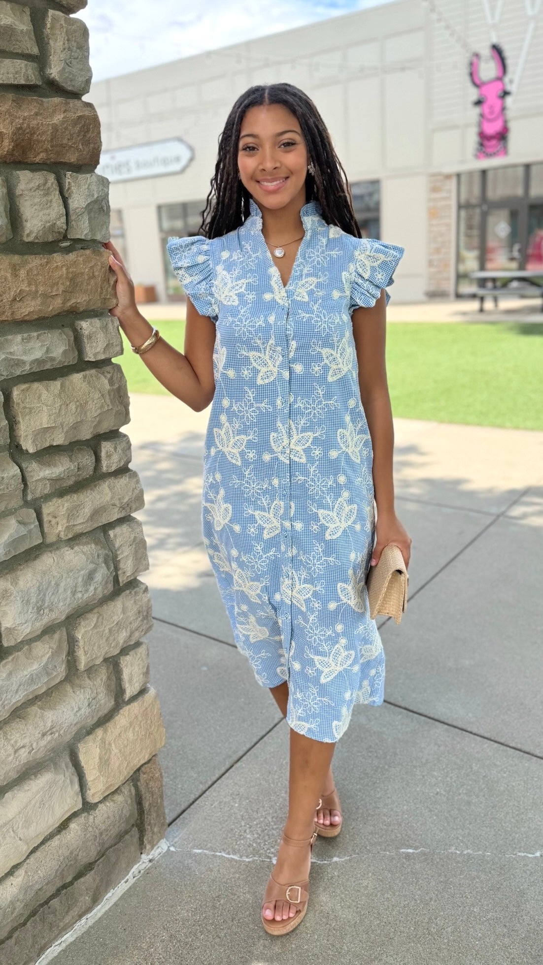Kenzie Floral Embroidered Dress - Blue