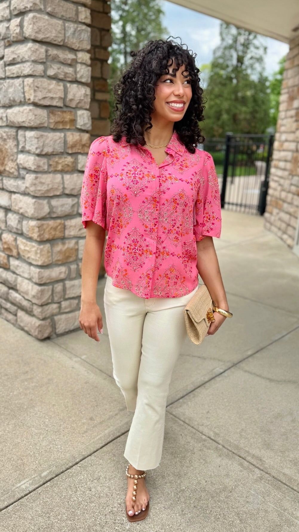 Pink Floral Button Up Short Sleeve Blouse