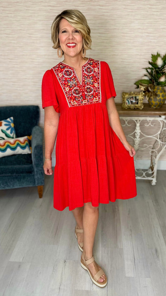 Red Embroidered Midi Dress