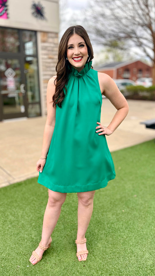 Ruffle Neck Shift Dress - Green