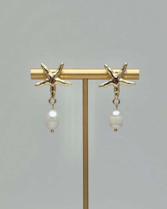 Gold Starfish & Pearl Drop Earrings