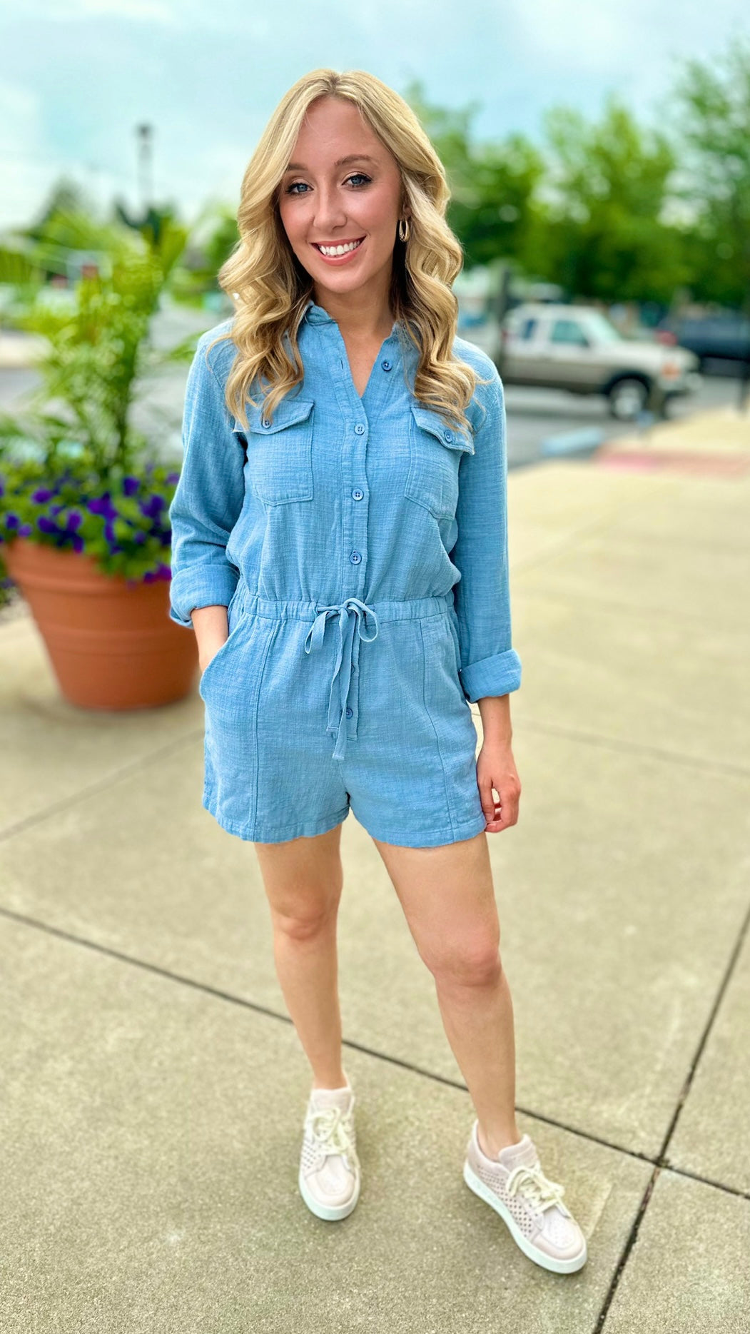 Bobi Cotton Rolled Sleeve Romper - River