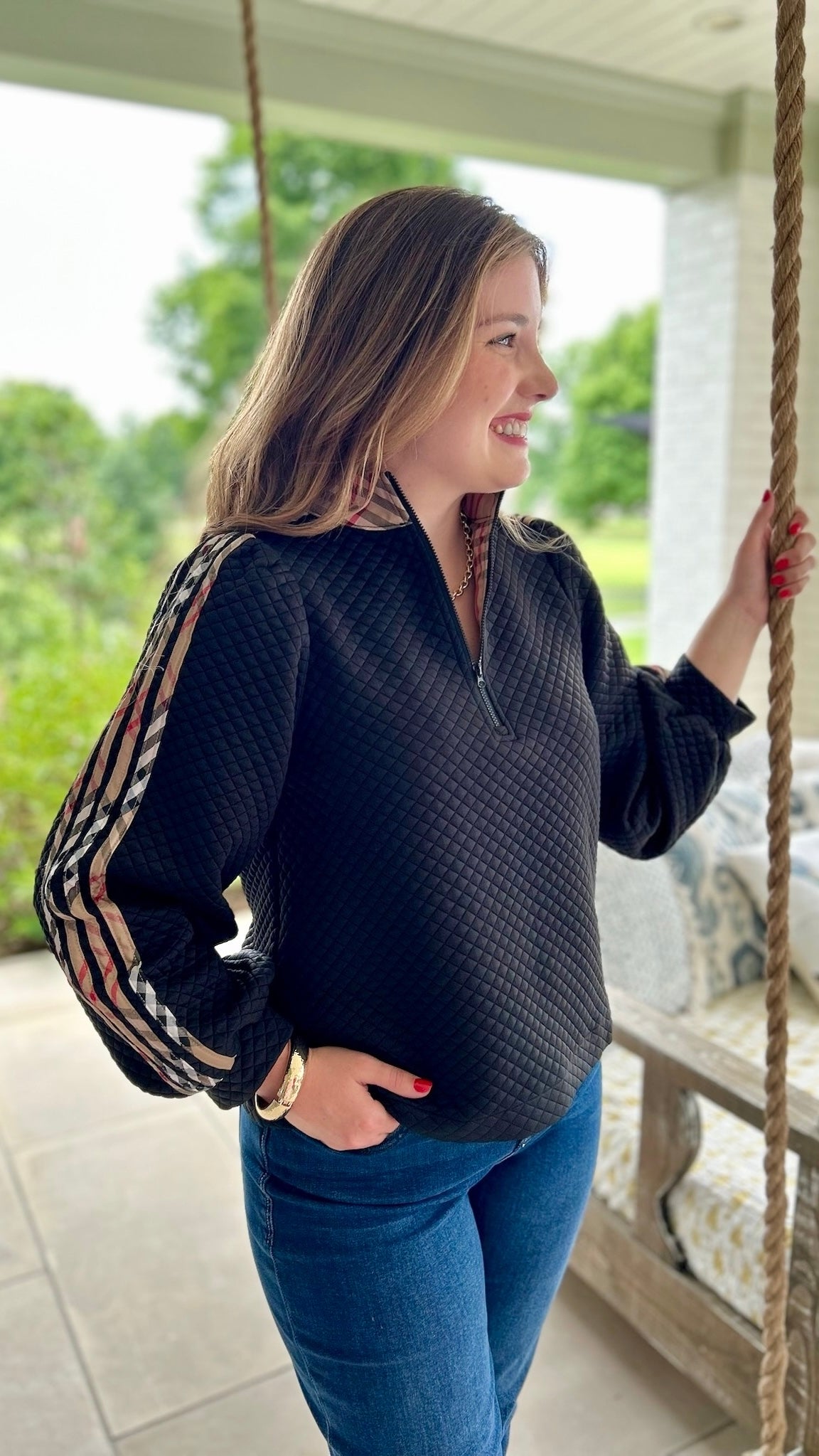 Vienna Quilted Quarter Zip - Black & Plaid