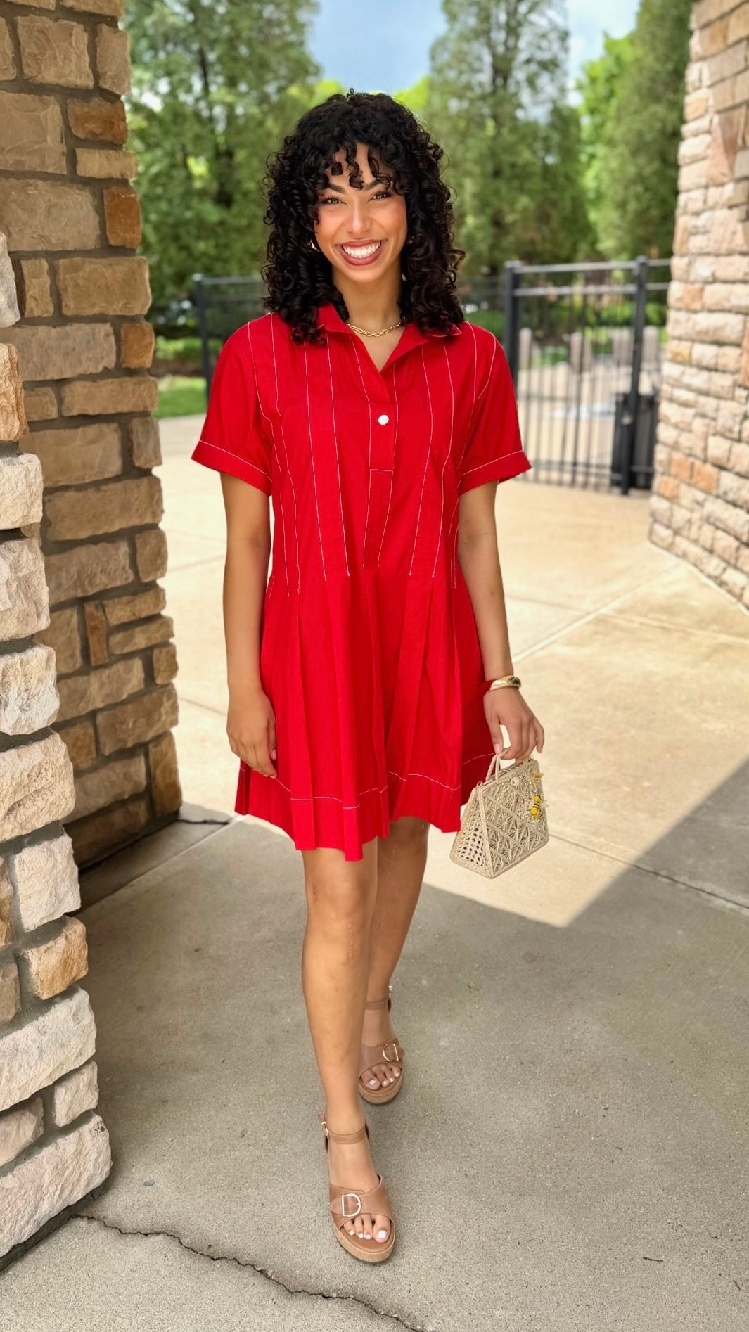 Uncle Frank Pleated Shirt Dress - Red