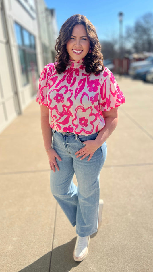 Pink Palm Tie Neck Blouse